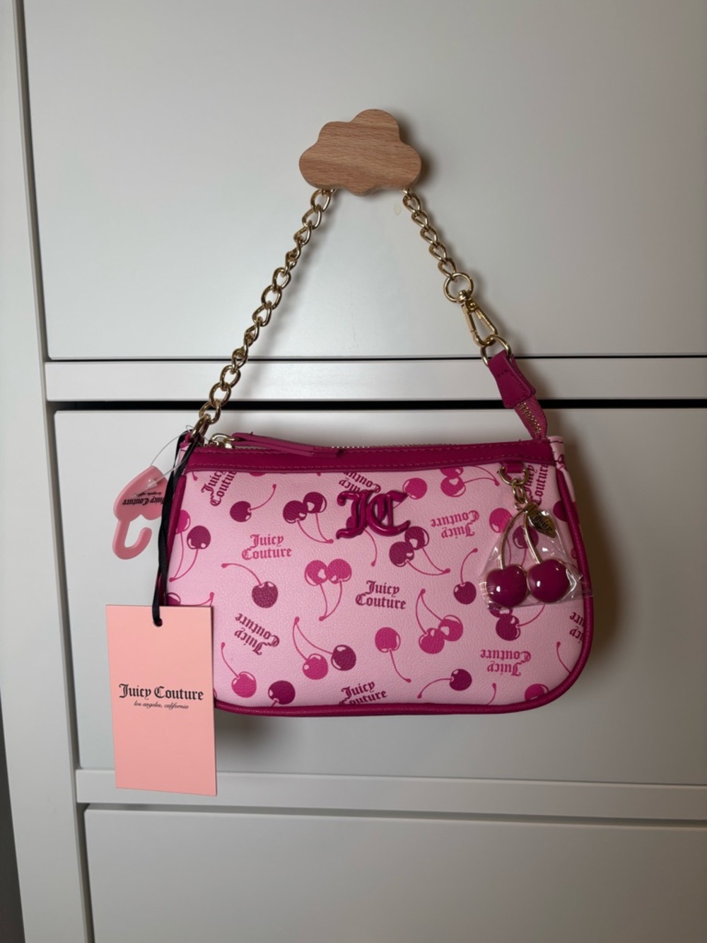 Juicy Couture Cherry Print Mini Shoulder Bag Pink NWT Y2K Gold Chain Cute
